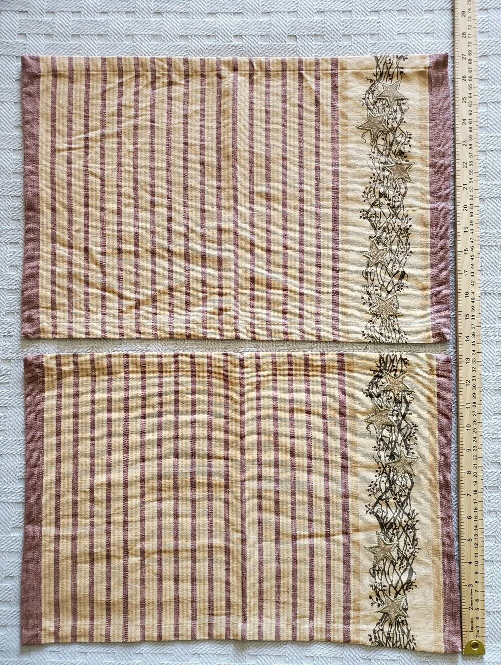Rustic Primitive Barn Star Burgundy and Tan Ticking Stripe Cotton Placemats